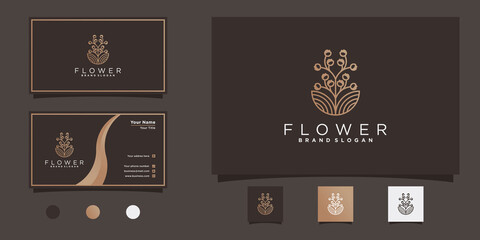 Fototapeta premium Creative flower logo design with unique flower line art shape and business card design premium vekto