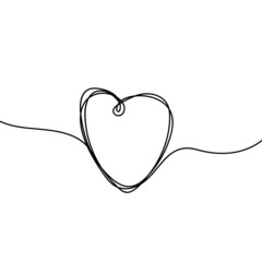 Obraz premium Continuous thin line heart vector illustration, minimalist love sketch doodle. One line art valentine icon, single wedding outline drawing or simple heart logo