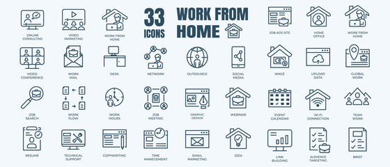 Fototapeta na wymiar Collection of editable linear simple web icons such as Work from Home, Stay Home, Virus Protection, Isolation, Sports and Hobbies, Covid-19, CORONAVIRUS, Family at Home, Quarantine