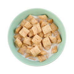 Tasty corn pads with milk in bowl isolated on white, top view