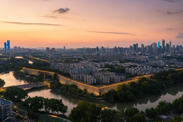 Fototapeta premium Skyline of Nanjing city at sunset in China