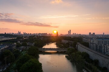 Skyline of Nanjing city at sunset in China