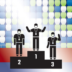 Sportsmen Silhouettes Wearing Protection Medical Masks on Winners Podium in Front of Stadium Empty Stands - Black Elements on Multicolor Background - Mixed Graphic Design