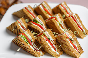 A plate of sandwiches with a crispy toasted crust on wooden skewers.