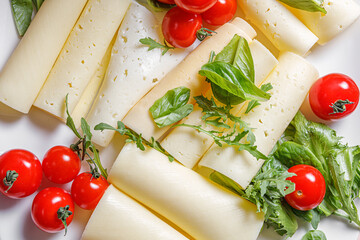 Cheese plate decorated with herbs and ripe tomatoes.