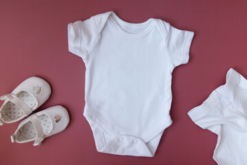 White mockup of baby clothes for text, image, logo. Blank baby Bodysuit