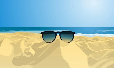 Fototapeta na wymiar Illustration of glasses, beach, sea and clear sky. Vector illustration. 