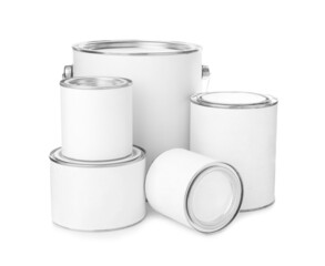 Set of different paint cans on white background. Mockup for design
