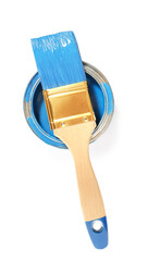 Can of blue paint with brush on white background, top view