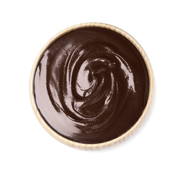 Delicious chocolate cream in bowl on white background, top view