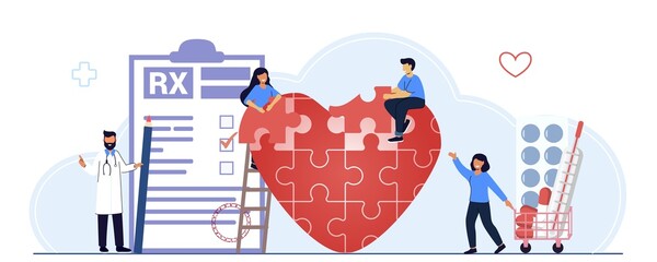 Heart health puzzle Wellness concept Health care team working together in unity and managing abstract heart puzzle jigsaw symbol World Heart Day Health care awareness Tiny people concept vector 
