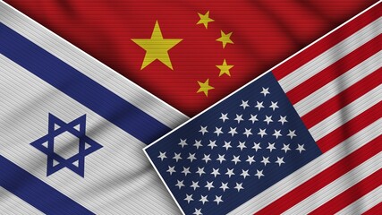 China United States of America Israel Flags Together Fabric Texture Effect Illustration