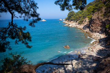 Picturesque landscape of the peninsula beach, view from the mountain road. Fethiye, Mugla province, Turkey.