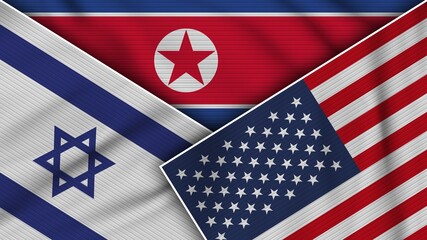 North Korea United States of America Israel Flags Together Fabric Texture Effect Illustration