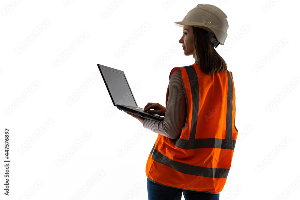 Poster computer geek in production concept. woman geek in an orange vest. she works as a system administrat