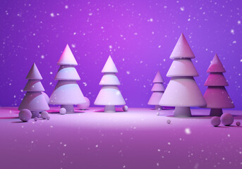 Christmas landscape. Three-dimensional fir trees in snow. Christmas background. Purple background 3d. Visualization of winter forest. Christmas wallpaper. Background with New Year forest. 3d image