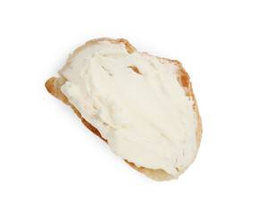 Bread with cream cheese on white background, top view