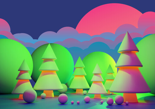 Colorful Christmas background. New year illustration design. Fir trees and balls glow green. Night Christmas landscape. Christmas background 3d. Snowy forest in new year. Colorful баннер. 3d image