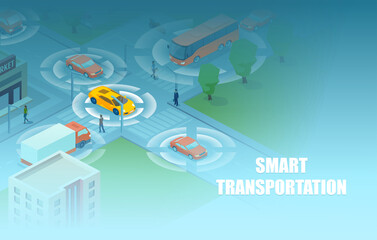 Vector of a smart city with transportation and cars moving in the city streets using sensors and autopilot