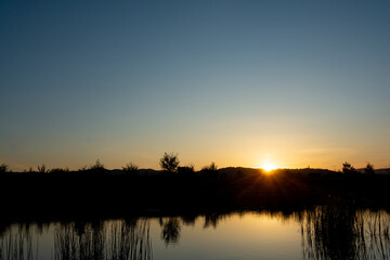 美しい夕空を映す池の水面
