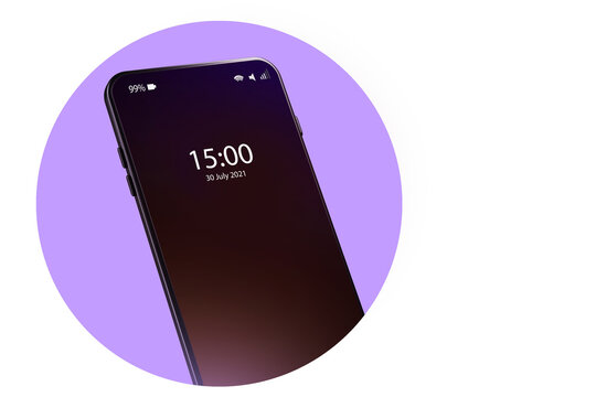 Phone With A Clock. Fragment Of A Cellphone On A White Background. Digital Clock On Lock Screen. Phone Sale Concept. Buying A Smartphone. Cell Phone With Thin Bezels. 3d Visualization.