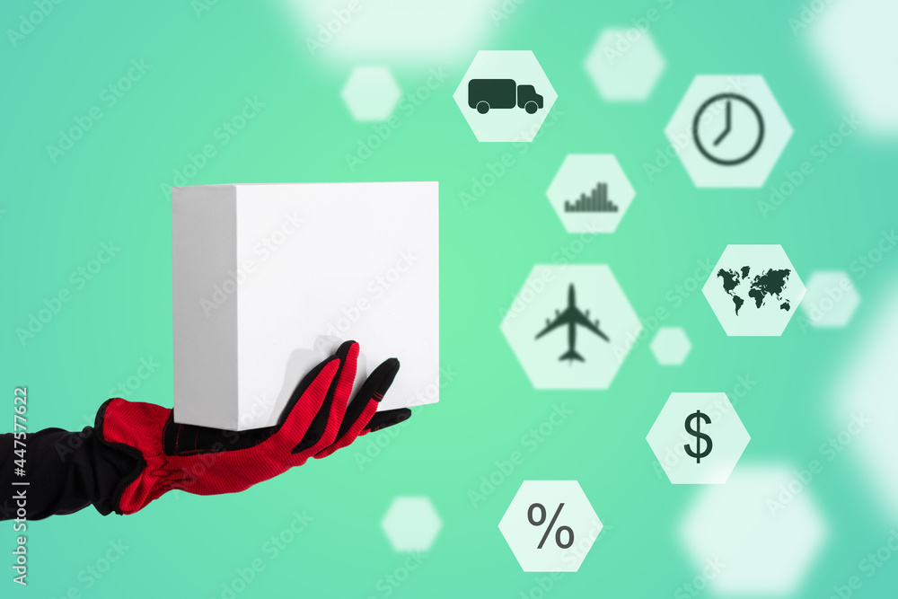 Poster logistic service concept. hand with box next to symbols of logistics. choosing logistics service. ch