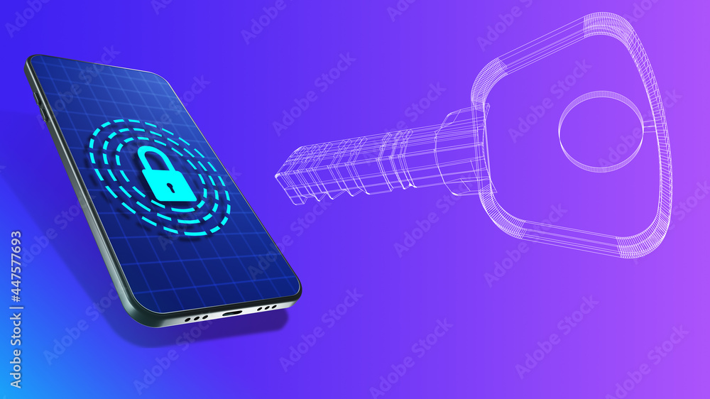 Poster phone security. electronic security concept. lock in phone screen symbolizes unlocking. key on a pur