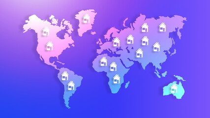 Real estate investment trusts. World map with house icons as REIT symbol. Investing in REIT around world. Investing in real estate. Purchase of real estate indices. Continents on purple background