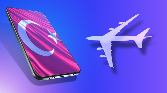Air flight to Turkey. Travel to Turkey by plane. Blue-violet gradient in background. Turkey flag in smartphone. Concept of buying air tickets on phone. Application for booking air tickets. 3d image
