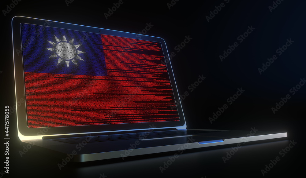 Poster laptop and source code on the screen composing flag of taiwan. national information technology relat