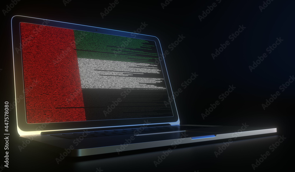 Aufkleber open laptop and computer code on the screen composing flag of the uae. modern information technology