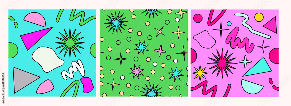Poster neo-memphis seamless pattern with different geometric shapes. retro 80's-90's style.