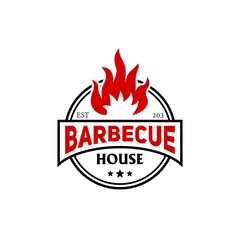 barbecue logo with smoldering fire, logo design with a rustic theme. minimalistic circle logo.