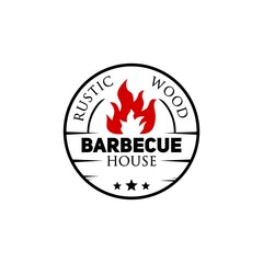 barbecue logo with smoldering fire, logo design with a rustic theme. minimalistic circle logo.