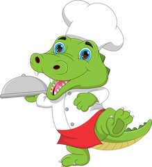 cartoon chef crocodile carrying food tray