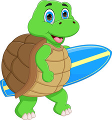cute turtle carrying surfboard on white background