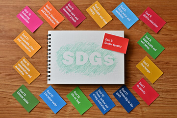 There is card with the statement Goal 5:Gender equality. It is one of the goals of the SDGs with sketch book.