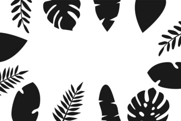 Fototapeta na wymiar Tropical leaves palm and monstera in black around a white background that can be used for text. Abstract botanical jungle frame. Greeting card. Vector illustration
