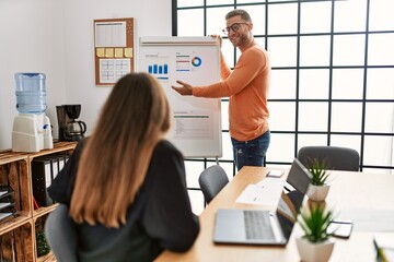 Two caucasian business executives on chart presentation at the office.