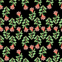 Seamless pattern black background red flowers green leaves