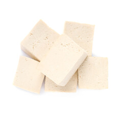 Delicious raw tofu pieces on white background, top view