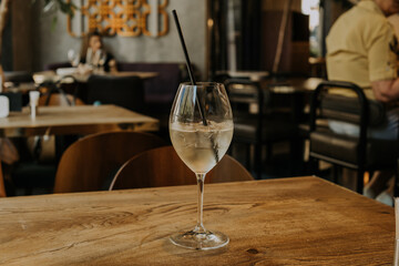 A table topped with white wine