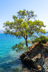 Picturesque landscape of the peninsula beach, view from the mountain road. Fethiye, Mugla province, Turkey.