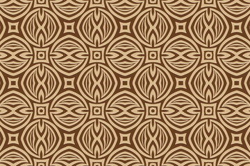Fototapeta premium 3D volumetric convex embossed geometric beige pattern on a brown background. Ethnic unique oriental, asian, indian motives with handmade elements for design and decoration.