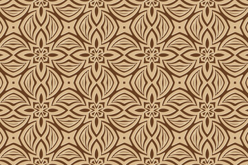 3D volumetric convex embossed geometric beige pattern on a brown background. Ethnic decorative oriental, Asian, Indian motives with handmade elements for design and decoration.