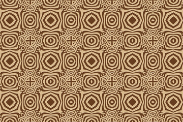 3D volumetric convex embossed geometric beige pattern on a brown background. Ethnic artistic oriental, Asian, Indian motives with handmade elements for design and decoration.
