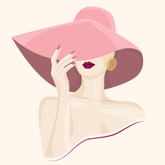 Portret pięknej kobiety w eleganckim kapeluszu z luksusową biżuterią. Młoda dziewczyna z ciemnymi różowymi ustami. Ilustracja wektorowa High Fashion.