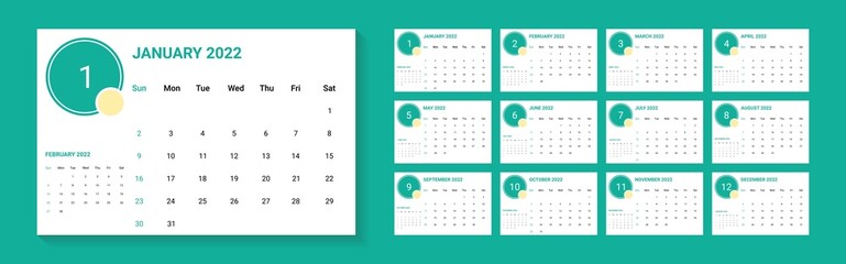 calendar 2022. week start on sunday. sunday as weekend. set of 12 month 2022 calender. corporate calendar design with blue theme. good for schedule, daily log, planner, etc.