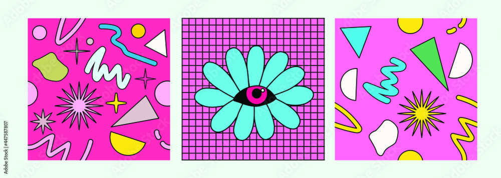 Poster neo-memphis seamless pattern with different geometric shapes. retro 80's-90's style.