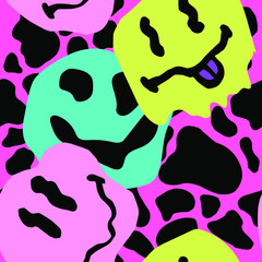 Quirky seamless pattern with melting happy faces in the mood of the 1970's psychedelic style.